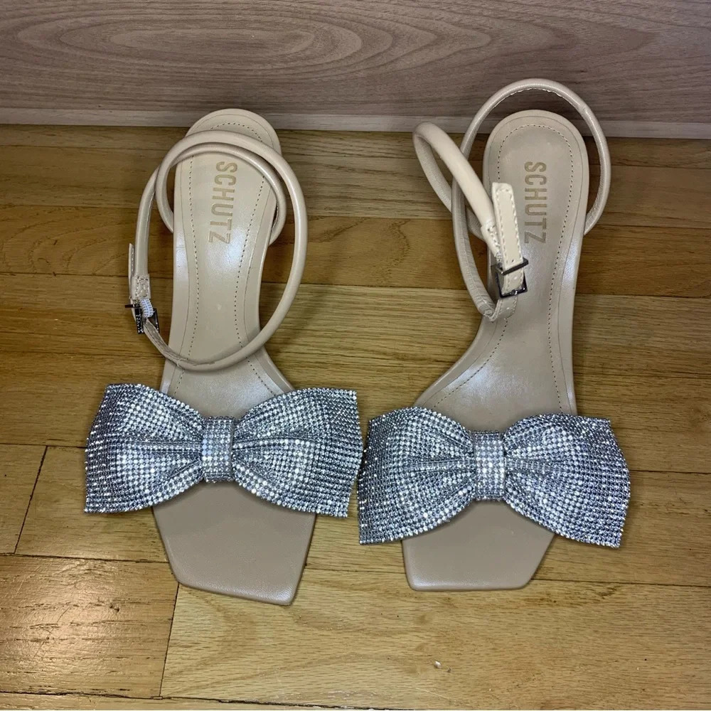 SCHUTZ Nude Heeled Sandals with Rhinestone Bow